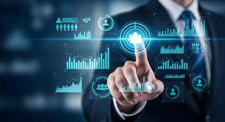 Businessman interacting with futuristic digital interface displaying graphs and charts