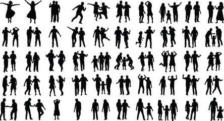 Human silhouettes, diverse poses, dancing and walking figures, adult and child groups, expressive gestures, black vector art, interaction, illustration, concept