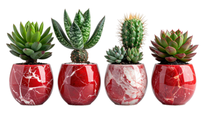 Collection of Four Succulent Plants in Red Marble Pots on Transparent Background