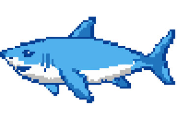 Pixel art shark swimming in blue colors with a cheerful expression, transparent background, isolated, vector  