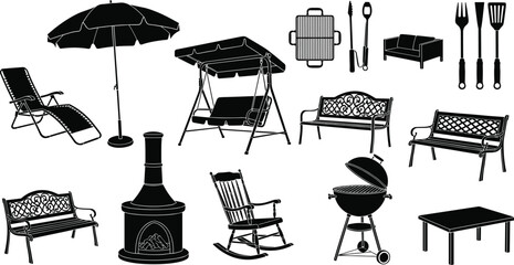 Outdoor furniture silhouettes, patio accessories, backyard setup, barbecue tools, seating styles, black vector art, leisure design, illustration, concept