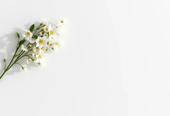 Delicate white floral arrangement adorns upper left corner, minimalist background,  texture,  decoration