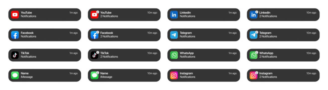 Facebook, Instagram, YouTube, LinkedIn, Telegram, WhatsApp, and TikTok iOS 26 update showing liquid glass style notifications with translucent UI elements on iPhone, modern social media interface