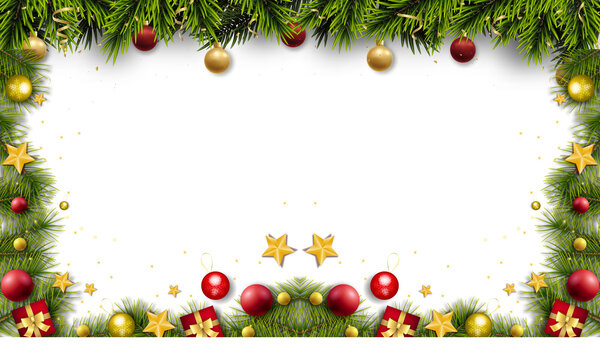 PNG image of Festive christmas border frame design with green pine branches gold ornaments red baubles stars and gift boxes on transparent background with copyspace for text
