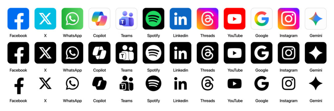Social media icon logo vector set featuring Instagram, X, Facebook, TikTok, Google, Teams, and Reddit as popular app icons in clean vector style for media and interface reference use, 2026 New Year.