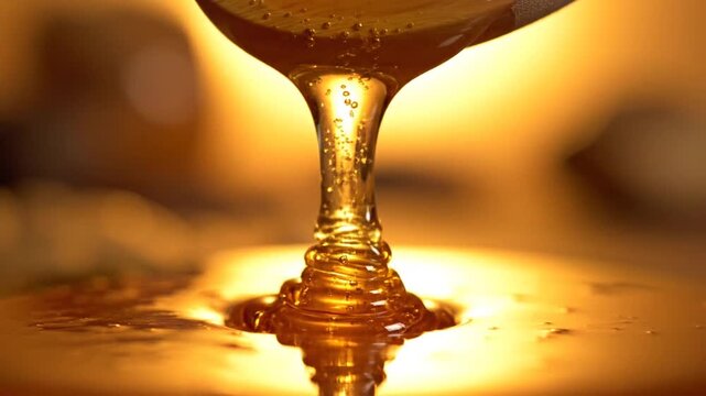 Golden honey dripping elegantly from a spoon with a warm glow