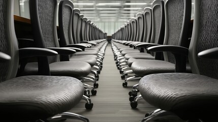 Obraz premium Rows of identical office chairs arranged in a uniform manner.