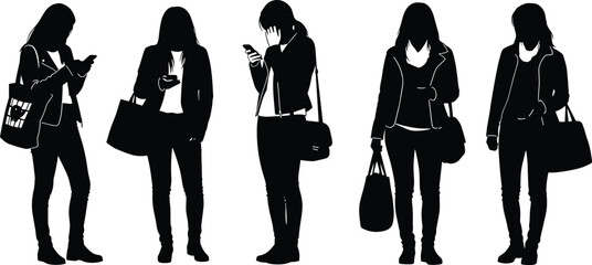 Smartphone silhouettes, people standing, mobile usage, casual posture, digital behavior, black vector art, modern lifestyle, technology, illustration, concept