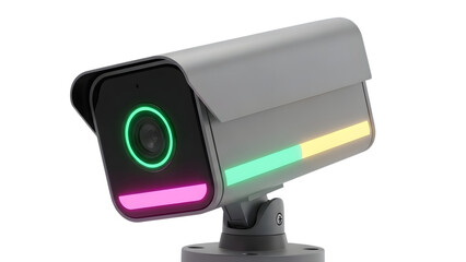 Gray security camera with green, pink and yellow lights on front and side isolated on a transparent background