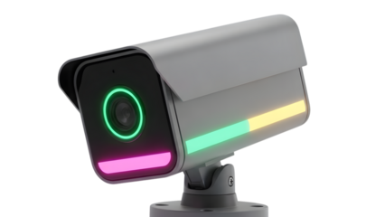 Gray security camera with green, pink and yellow lights on front and side isolated on a transparent background