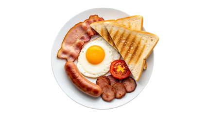 Delicious breakfast plate with fried egg bacon sausage toast and tomato isolated on a transparent background