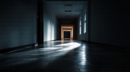 An empty corridor extends into shadow, creating a sense of ambiguity.