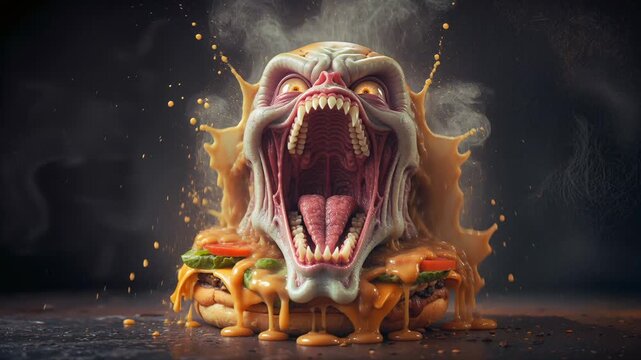 Monster burger with glowing eyes and dripping cheese transforming from stacked patties. Digital animation showing creature face emerging from fast food sandwich