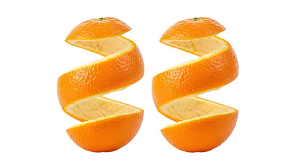 Two spiral sliced oranges with visible segments and peels isolated on a transparent background citrus