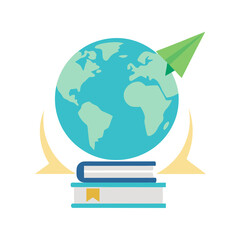 Global education and travel represented by books, a globe, and a paper airplane