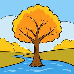 A vibrant autumn tree stands tall beside a winding river under a clear blue sky