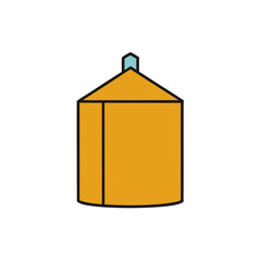 An illustrative graphic of an agricultural grain silo or industrial storage tank with a conical roof