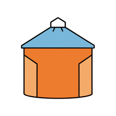 A brightly colored cartoon illustration of a traditional farm silo or storage shed