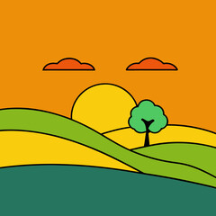 Vibrant vector illustration of a peaceful sunset over rolling green hills with a lone tree