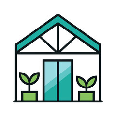 Simple greenhouse building icon with potted plants