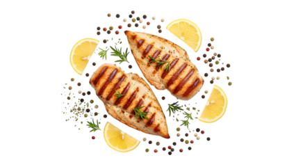 Grilled chicken breast with lemon slices and herbs isolated on a transparent background spices