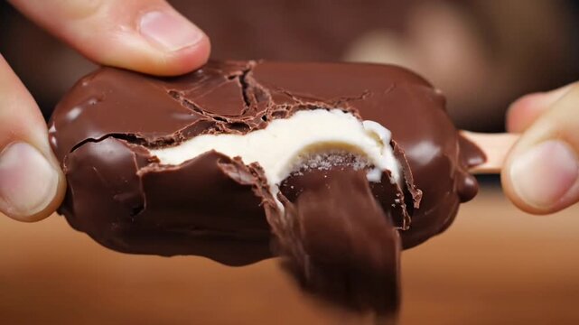 Close-Up of Hands Holding Chocolate Ice Cream Bar with Textured Surface