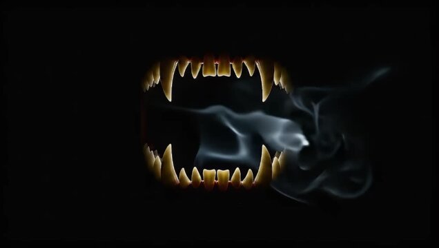 Glowing vampire fangs emerge from darkness exhaling mysterious smoke against black
