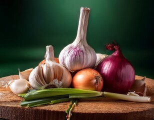 garlic onion leafy green rustic wooden board bundle fresh organic root bulb aromatic garlic and onion with leafy green rustic wooden board