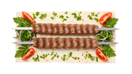 Grilled meat skewers on flatbread with vegetables isolated on a transparent background tomatoes onions