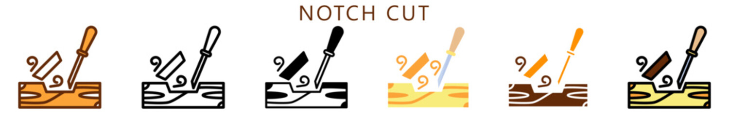 Notch Cut Multi Style Icon, Flat, Line, Glyph, Lineal, Dual Tone. Relate To Carpentry, Wood Industry. Use For Modern Concept, Ui, Ux Web And App Development.