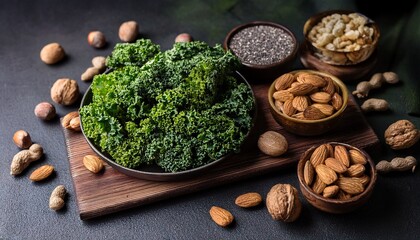 leafy green kale nuts seeds almonds walnuts chia rustic dark texture fresh kale leaves mixed nuts and seeds moody dark background with cozy vibe