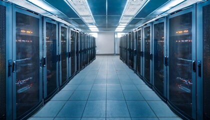 depict a state of the art data center with rows of server racks cooling systems and redundant power supplies