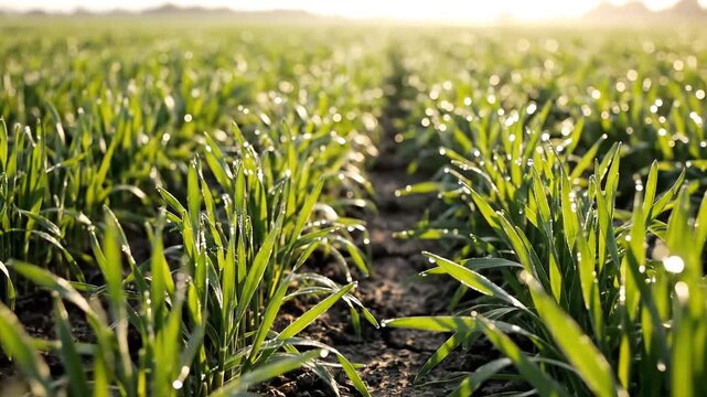 Rows of young green crops growing in a sunlit field.
