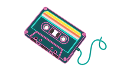Neon cassette tape with pink and teal outlines and rainbow stripe isolated on a transparent background