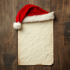 Stary arkusz papieru z czapką Mikołaja na drewnianym tle. Idealna makieta na nastrojowy list do Świętego Mikołaja, menu wigilijne lub świąteczny plakat.