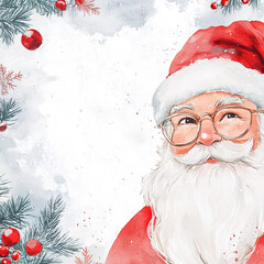 Urocza akwarelowa ilustracja uśmiechniętego Mikołaja w okularach. Delikatne tło z gałązkami i bombkami, idealne na artystyczną kartkę z życzeniami.