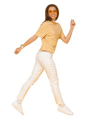 Happy young woman jumping like she walking in the air