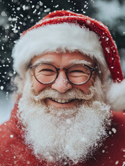 Radosny, uśmiechnięty Święty Mikołaj w okularach na tle padającego śniegu. Ciepły i pozytywny portret idealny na kartkę świąteczną lub zimowy plakat.