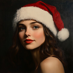Portret pięknej kobiety w czerwonej czapce Świętego Mikołaja na ciemnym tle. Stylowa i klimatyczna grafika idealna na świąteczny plakat lub reklamę.