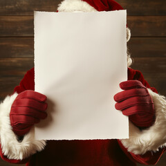 Fototapeta premium Święty Mikołaj trzyma duży arkusz białego papieru na tle drewnianej ściany. Idealne miejsce na listę prezentów, świąteczne ogłoszenie lub ofertę sklepu.