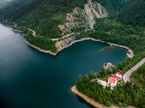 Coastal view of a reservoir in the Carpathian Mountains