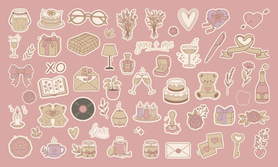 Neutral Valentine Sticker Pack featuring neutral hearts, envelopes, bows, quotes, and cute decorative shapes with outline style and soft neutral tones