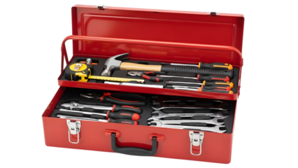 Open red metal toolbox with assorted hand tools and measuring tape isolated on a transparent background