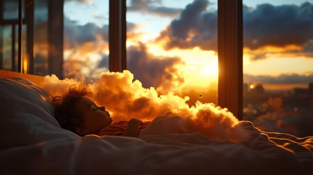 Peaceful sleep of a child at sunset cozy bedroom photograph urban environment serene view dreamy concept