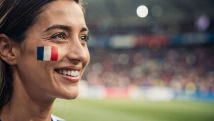 Beautiful Young Female Fan with french Flag Painted on Cheek at Football Stadium