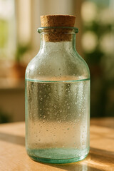 Glass Bottle with Condensation Droplets and Cork Stopper on Wooden Table