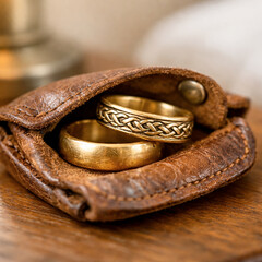Gold Wedding Rings Stored in Rustic Leather Pouch on Wooden Surface