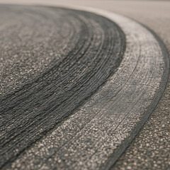Worn Racing Track Asphalt Curve with Tire Marks and Rubber Texture