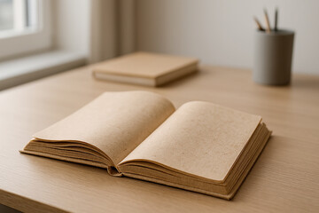 Open Blank Notebook on Light Wooden Desk in Minimalist Workspace