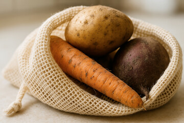 Fresh Root Vegetables in Reusable Mesh Produce Bag on Kitchen Counter